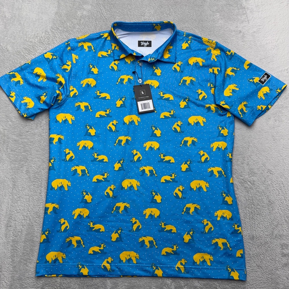 Waggle Polo Shirt Mens Large Blue Youre Golden Bear Print Performance Golf Short